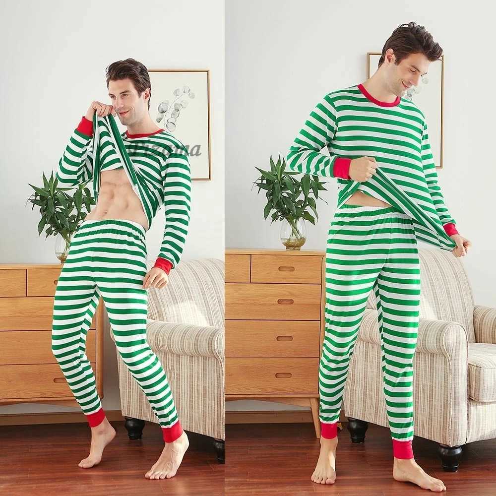 Matching Family Christmas Pajamas Children GreenWhite Striped Sleepwear Xmas New Year 100 Cotton Nightwear Family Look Outfits L2510217YX0