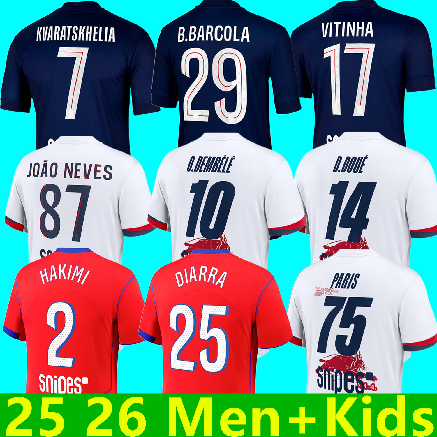 FINAL 25 26 Maillot DEMBELE KVARATSKHELIA D.DOUE Soccer Jersey Kids Kit Player Fans Pre Match 2025 2026 Maglia Home Away Football Shirt HAKIMI VITINHA BARCOLA