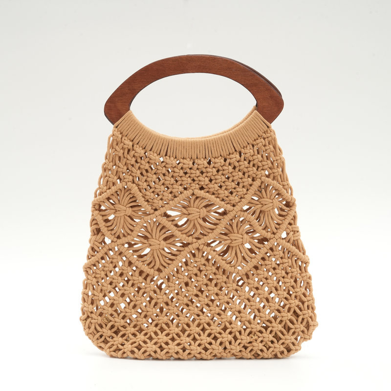 Hand woven polyester cotton handbag, wooden handle, artistic and fresh style
