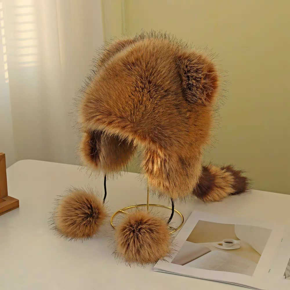 Winter Warm Cute Little Raccoon Hat Parentchild Hat Fashion Versatile Northeast Faux Fur Raccoon Fur Feng Hat H251020