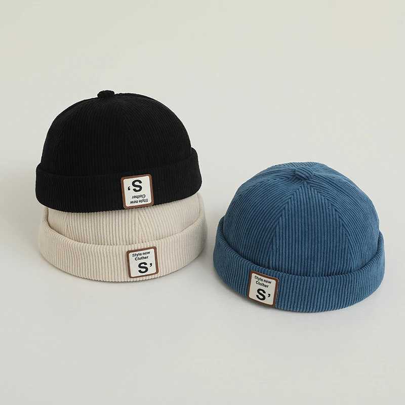 Solid Corduroy Children Landlord Hat Korean Kids Flipped Edge Beanie Bonnet Children Brimless Cap Boy Girl Toddler Docker Caps J251021