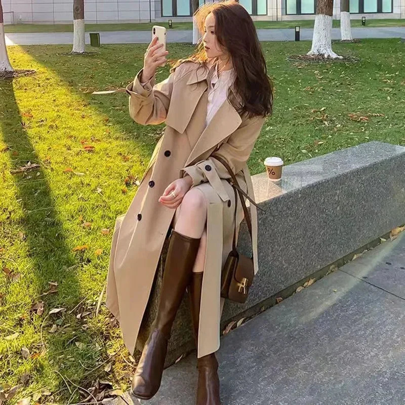 Streetwear Loose Trench Coat Midi Length Fashion Korean Elegant Khaki Black Womens Windbreaker Coat Casual Double Breasted Tops 251021