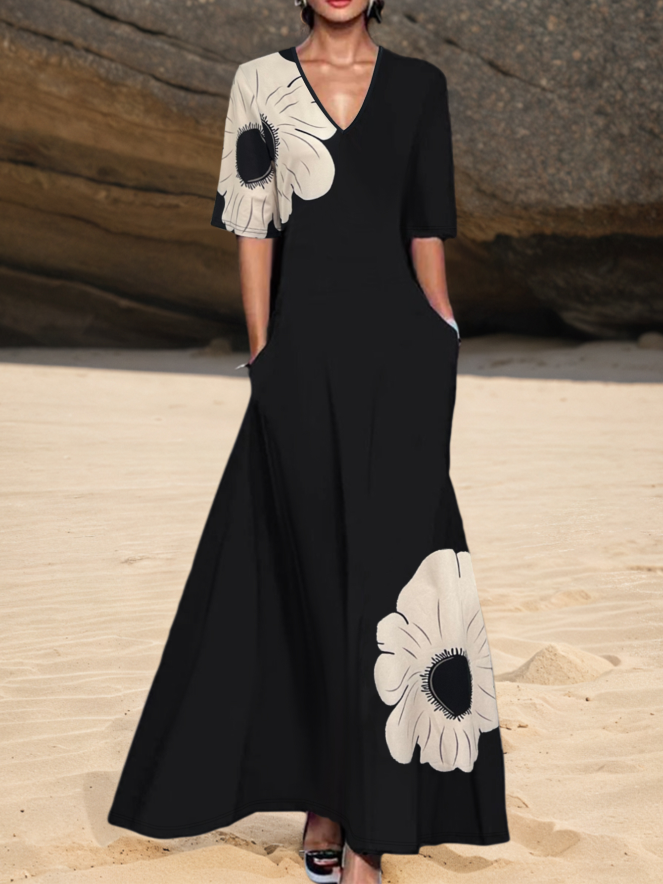 Women's Spring & Summer Elegant Floral Printed Versatile Dress with Pockets, Milk Silk Fashion Midi Dress-CF52596