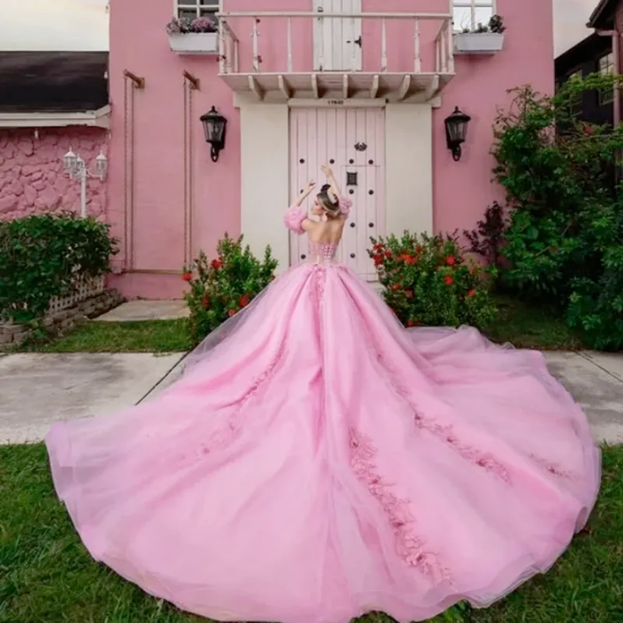Pink Off Shoulder Quinceanera Dresses Tull Applique Flower Crystal Beading vestidos de 15 Quinceanera Sweet 16 Dress