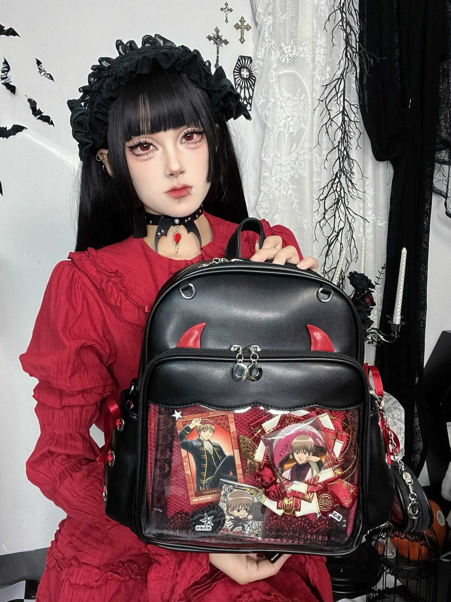 Large Capacity Gothic Ita Backpack Women Badge Display Clear Pocket Backpack Punk Female Daypack Cosplay 3 Ways Crossbody BagW251020