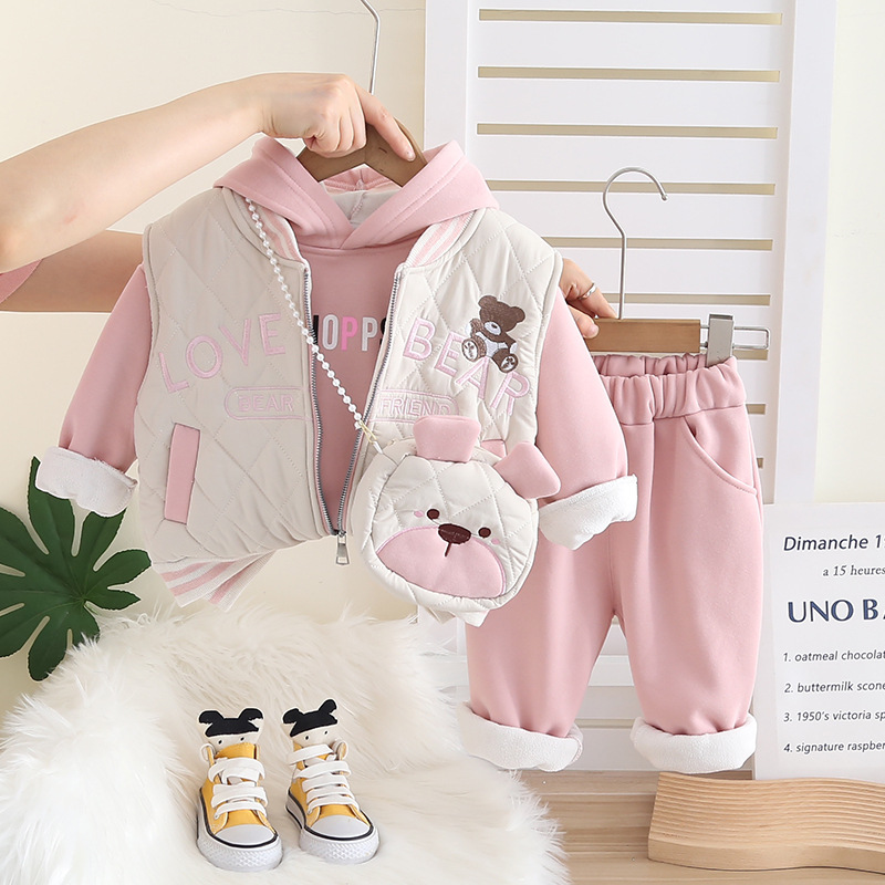 Chic Girls 3-Piece Outfit 2025, Winter Set Includes Quilted Coat Vest and Crossbody Bag, Stylish Clothing for Toddlers