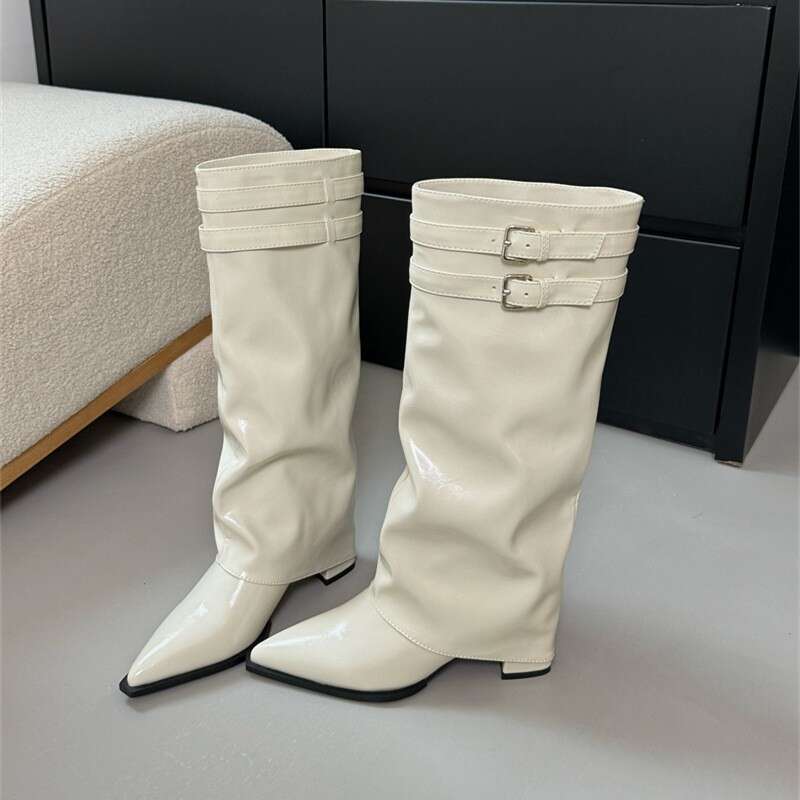 2025 Autumn Winter New Korean Style Designer Shoe Chunky Booties for Women, Niche Design Pointed Toe Mid Heel High Tube Fashion Boots