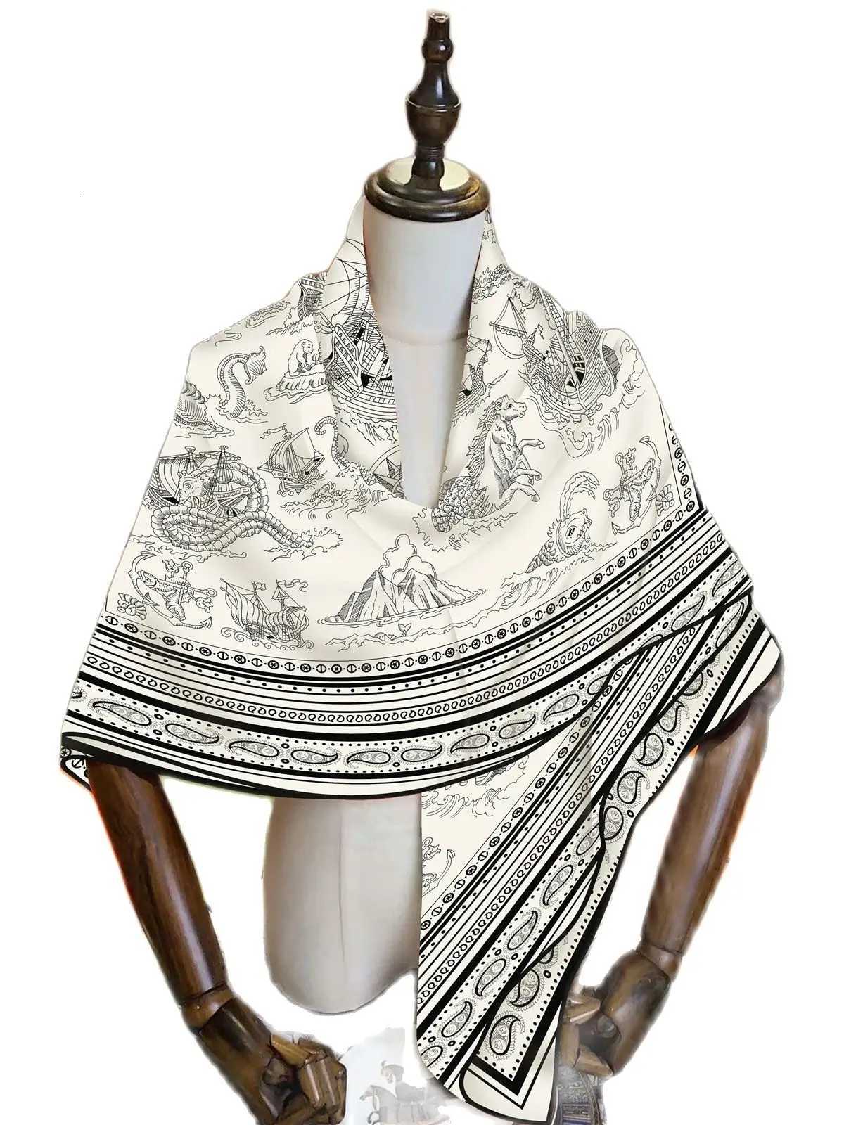 130CM Silk Cashmere Scarf Women Hand Rolled Shawls Sailing Cashews Print Square Scarves Wraps Lady Bandana Big Hijabs W251021