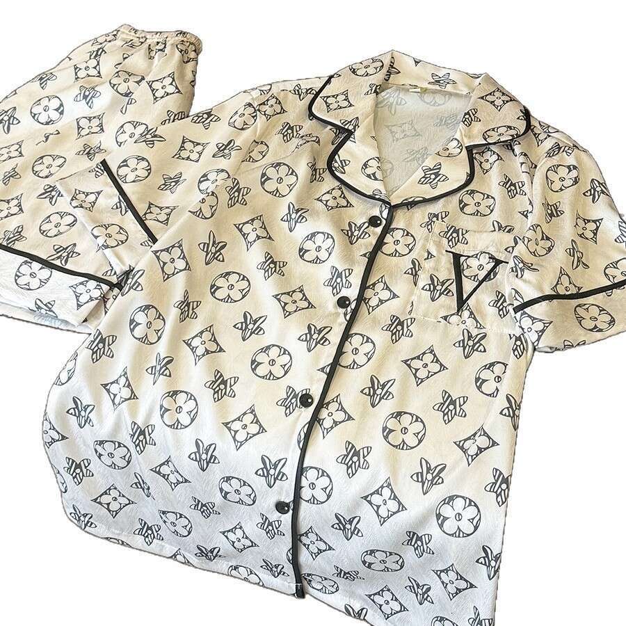 2025 New Ice Silk Couple Pajamas Short Sleeve Shorts Turn-Down Collar Cardigan Simple Plus Size Printed Homewear Wearable Outside