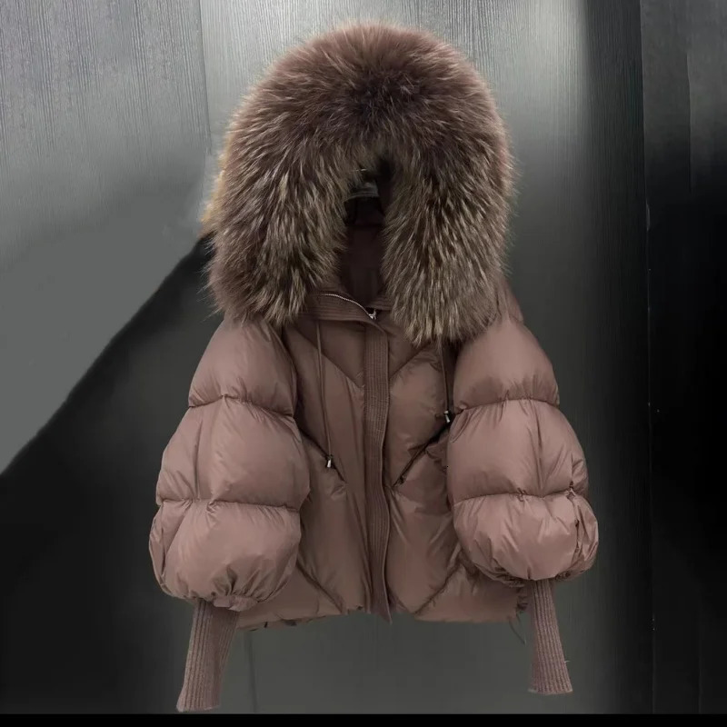 Winter Raccoon Hair Collar Hooded Down Jacket High Quality Womens Fashion Casual Thick Warm Knitted Sleeves Goose Coat 251017