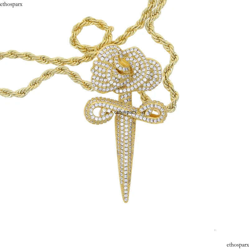Hip Hop Rose Flower Cross Pendant Necklace 5A Zircon White Gold Plated Religious Jewelry