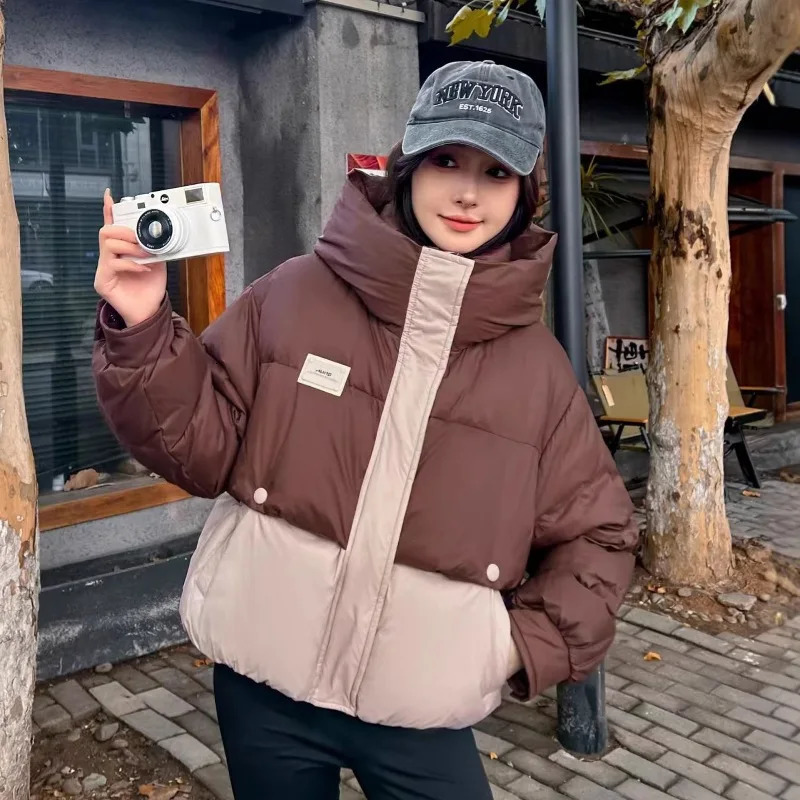 Winter Short Patchwork Hooded Parker Down Jacket Female Zipper Waterproof Thick Outwears Women White Duck Puff Warm Jackets 251017