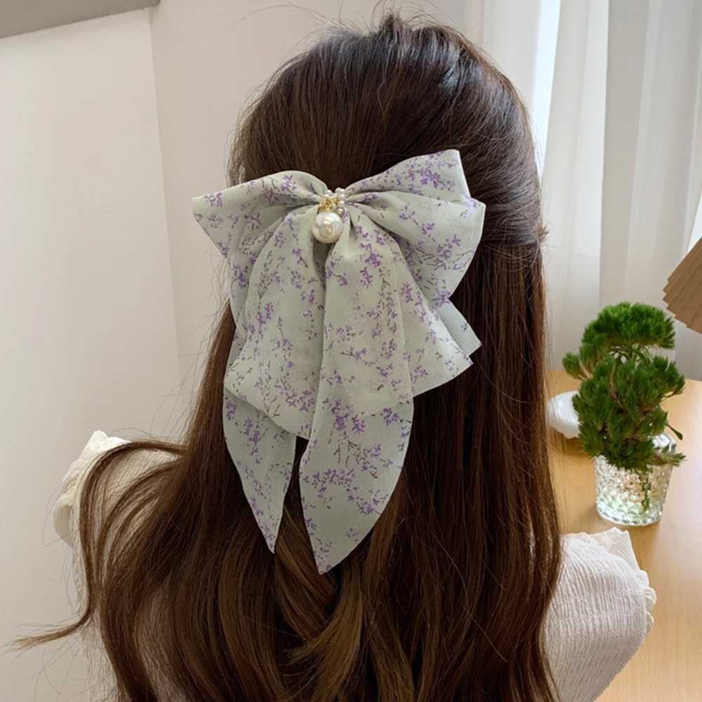 Ladies Bow Hair Accessories Fashion Hairgrip Chiffon Ribbon Hairpins Spring Ponytail Barrettes Pearls Women Girls Hair Clips TieW254021