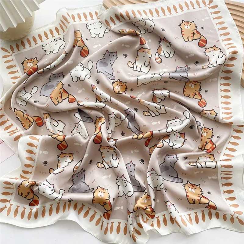 Luxury Hijab Silk Shawl and Wrap Cute Cat Print Scarf for Wen Neckerchi Hair Band Wrist band Bandana 2023 EcharpeW251021