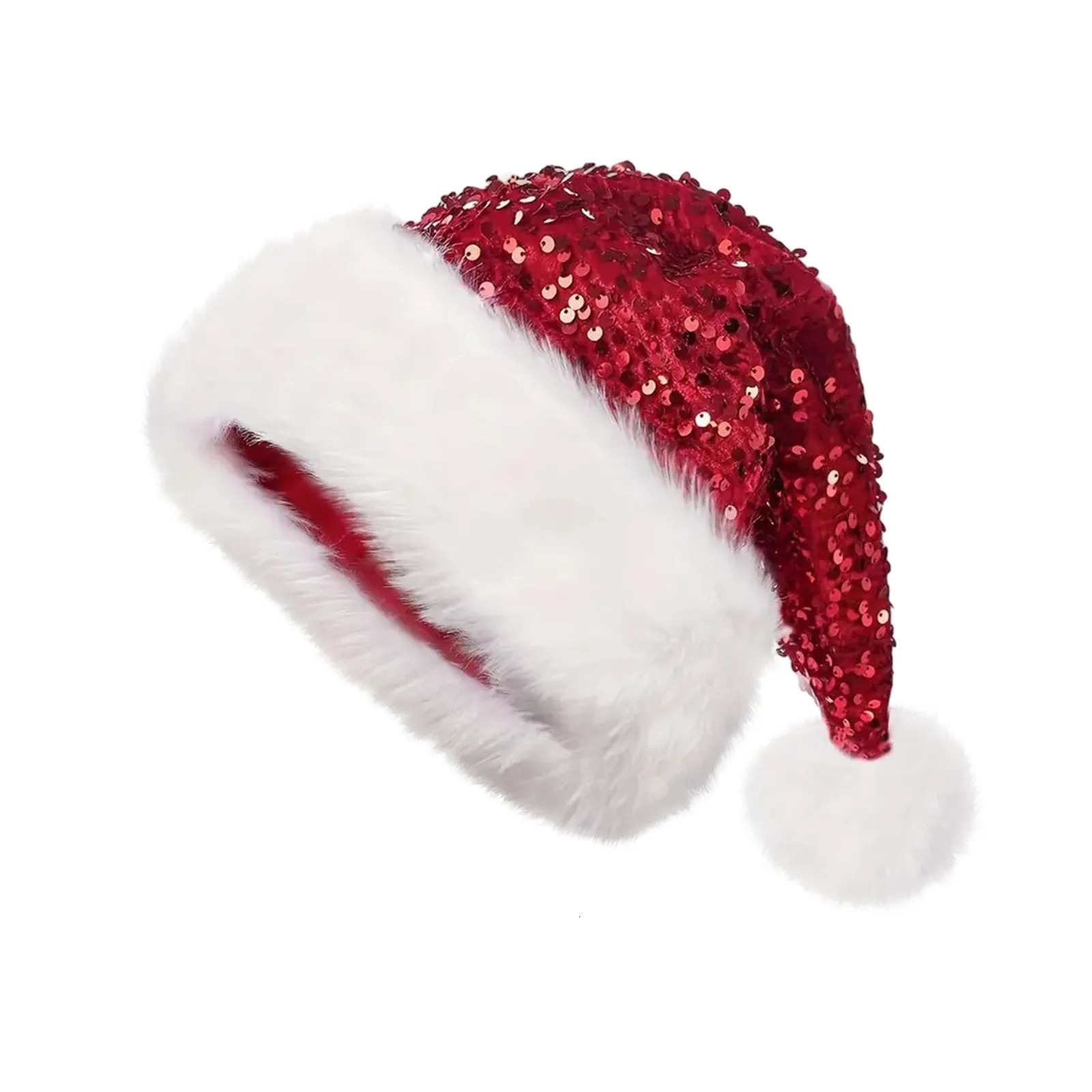 1PC Doublelayer Sequined Christmas Hats Christmas Decorations Sequin Plush Hat Plush Thickened Christmas Cap with Fluffy Pompom 251021