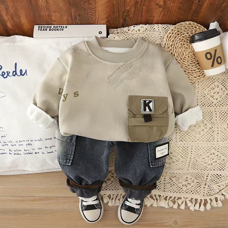 Free Shipping 2025 New Boys Fleece-Lined Outfit 2-Piece Set, Kids Crewneck Warm Tracksuit, Winter Clothing for Toddler Boys
