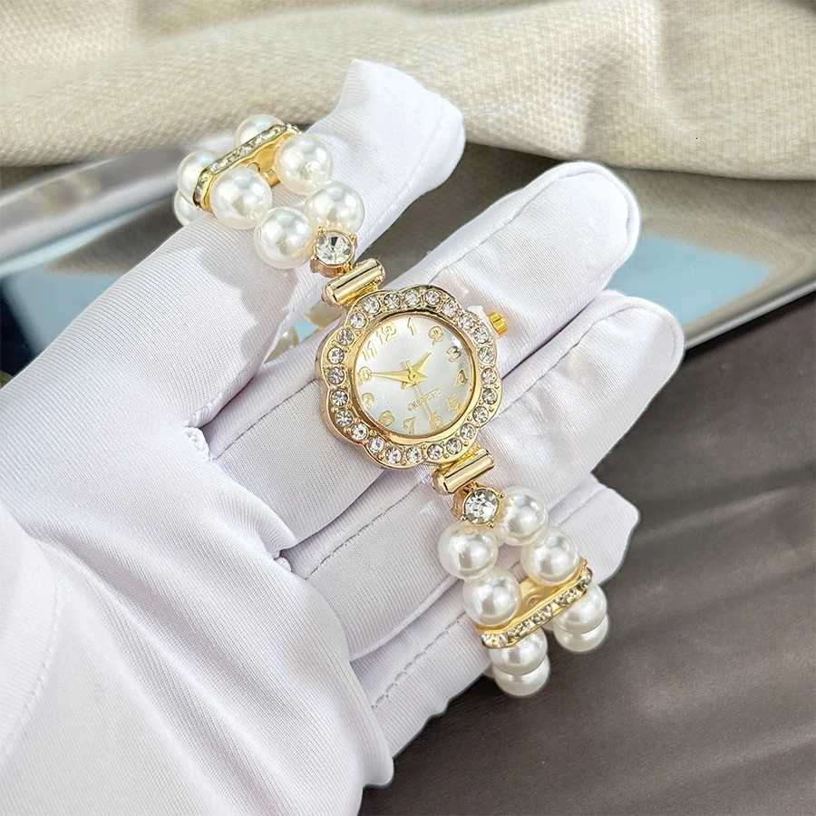New ladies doublerow pearl diamondencrusted elastic str Arabic digital dial simple light luxury fashionable quartzXJ251021