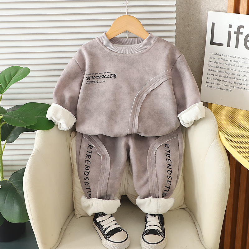 Winter Warm 2025 New Boys Fleece-Lined Hoodie Set, Letter Patchwork Streetwear 2-Piece, Loose Fit Casual Outfit for Toddler Boys