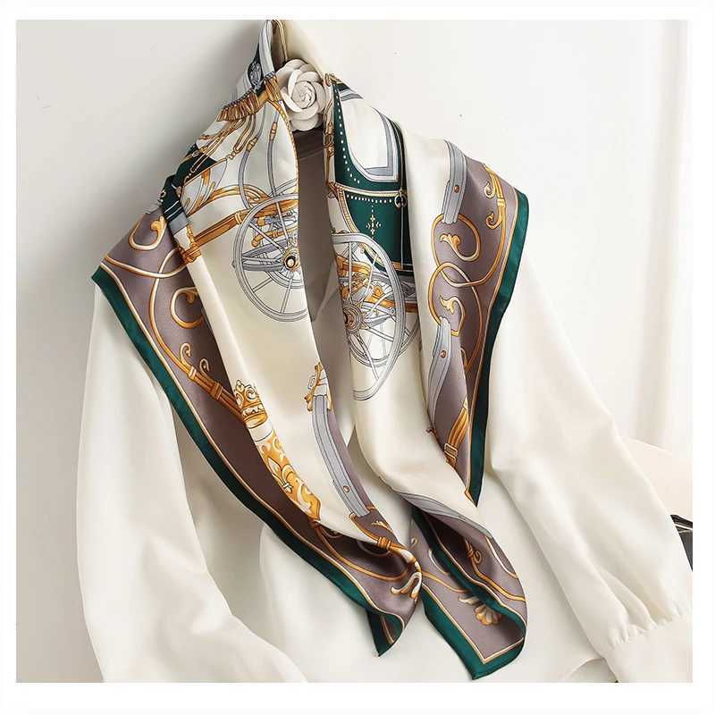 9090cm Women Square Silk Scarf Luxury Brand Large Shawl Neckerchief Print Headband Female Foulard Bandana Wraps Hijab Scarves W251021