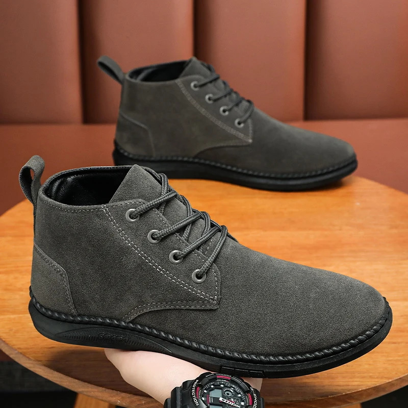 High Top Casual Board Shoes Mens Lace Up Suede Black Flat Bottom Short Boots Mens Chelsea Boots Highquality Denim Boots251020