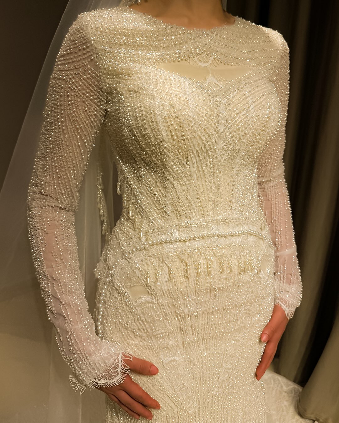 Classic Mermaid Wedding Dress Jewel Neck Long Sleeves Bridal Gowns Pearls Beaded Sequins Sweep Train Dresses Custom Made vestidos de novia