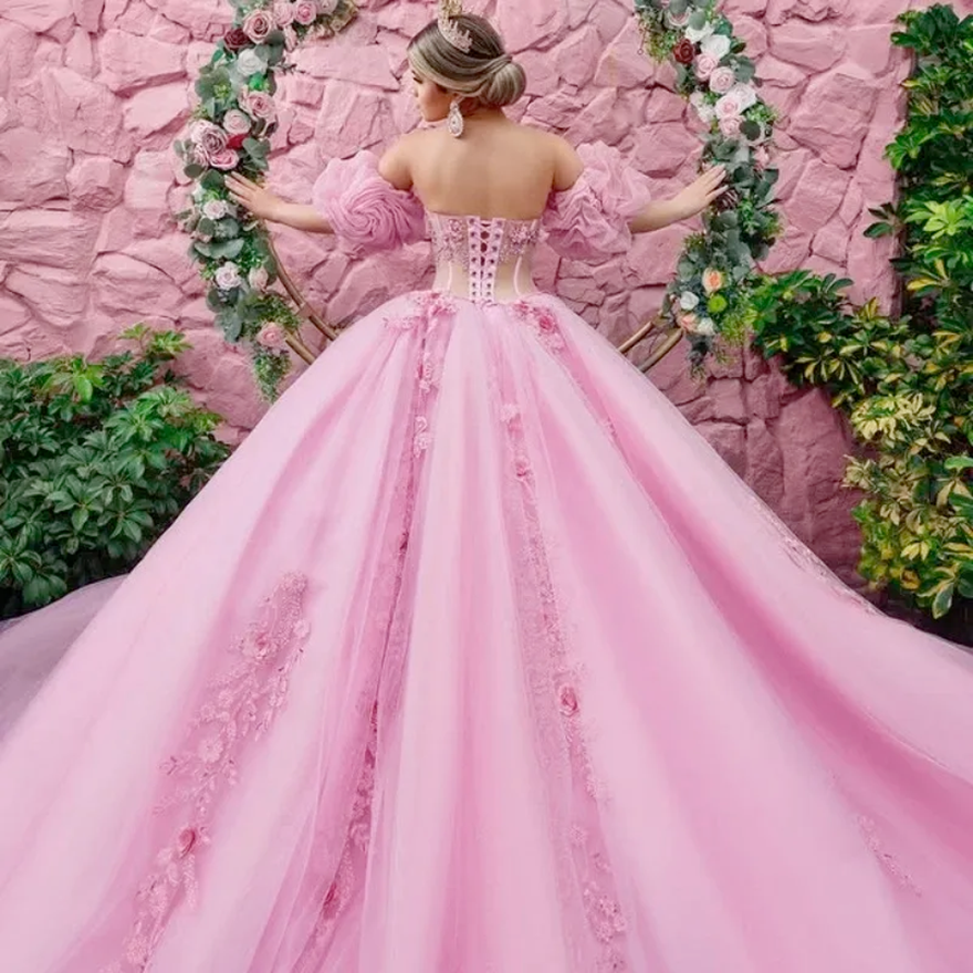 Pink Off Shoulder Quinceanera Dresses Tull Applique Flower Crystal Beading vestidos de 15 Quinceanera Sweet 16 Dress