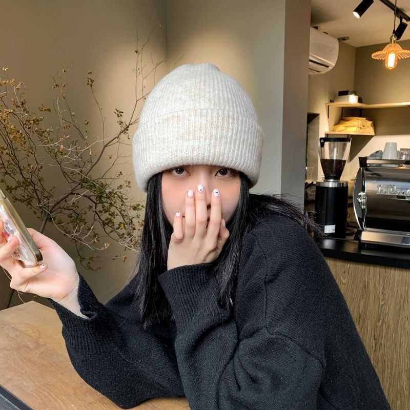Rabbit Fursolid Color Knitted Hat Trend Autumn Winter Thickened Warm Pullover Knitted Hat for Women H251020
