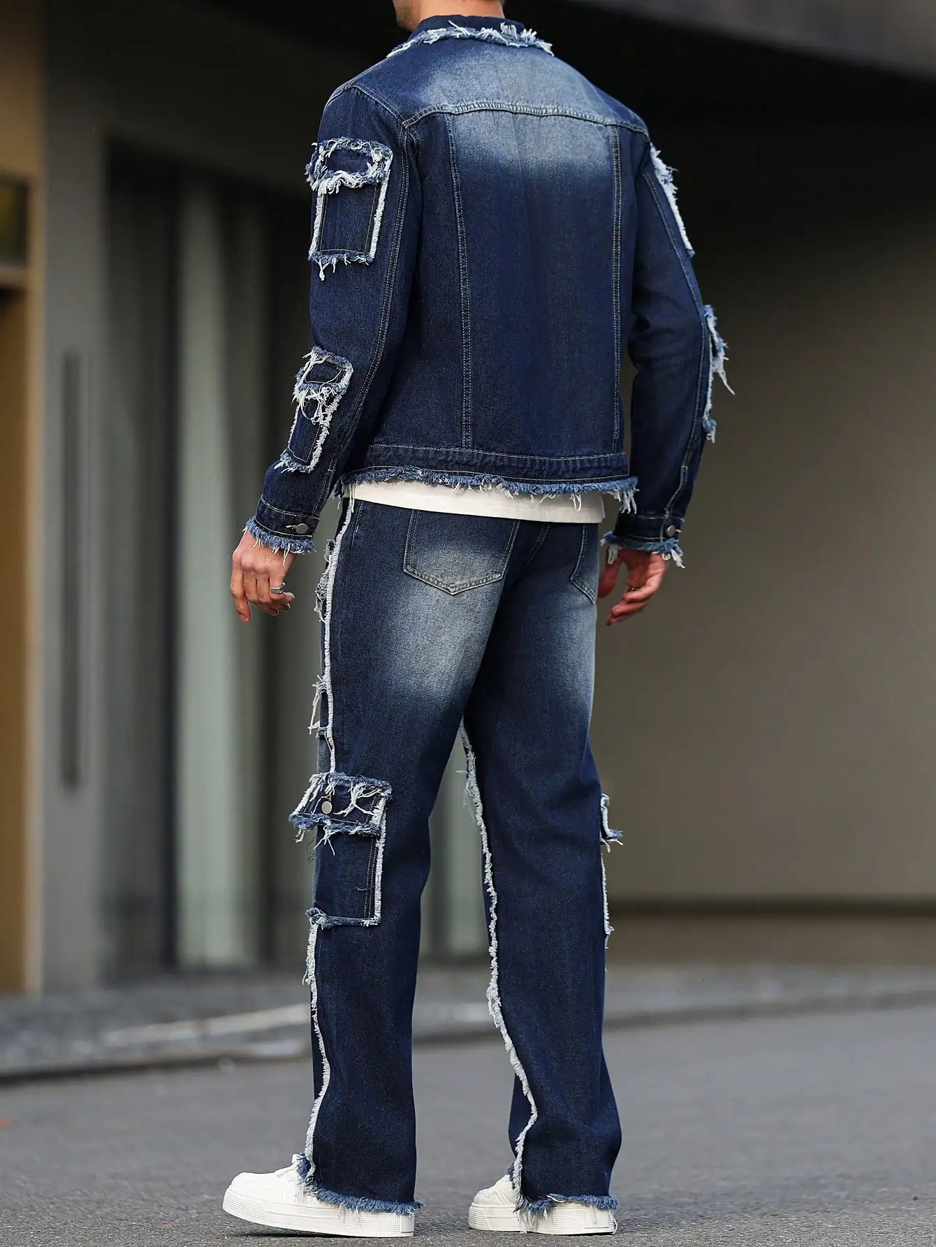 Mens spring and autumn denim suit multi pocket wide straight leg pants style 251021