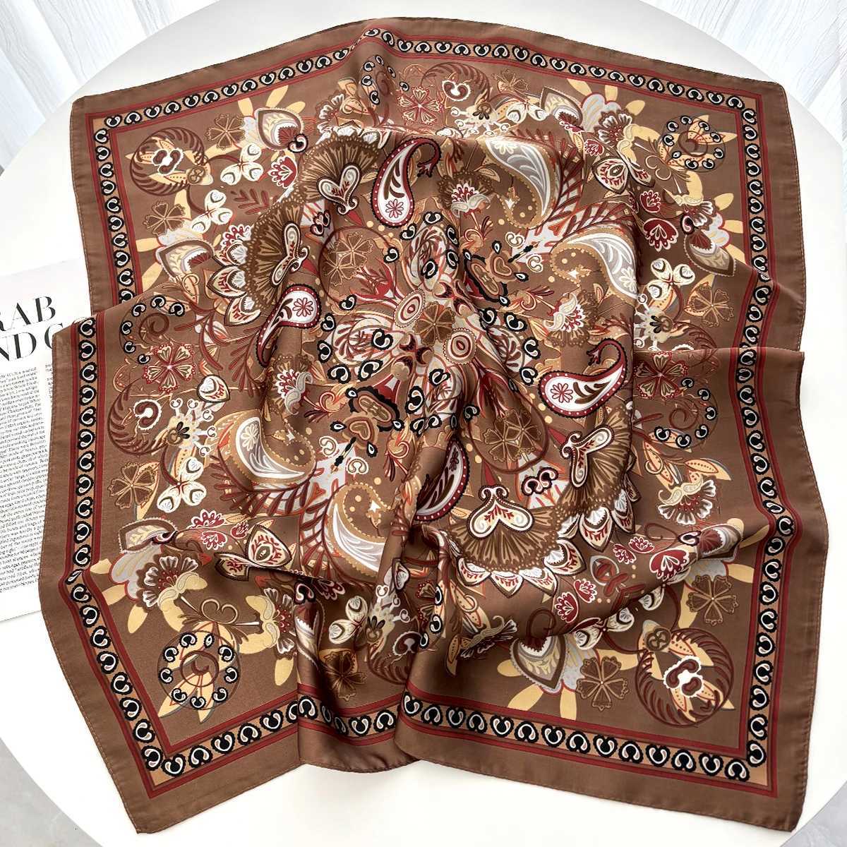 Spring Summer Lotus Print Satin Scarf Square Neckerchi for Wen Wrap Fashion Decorative Accory BandanaW251021