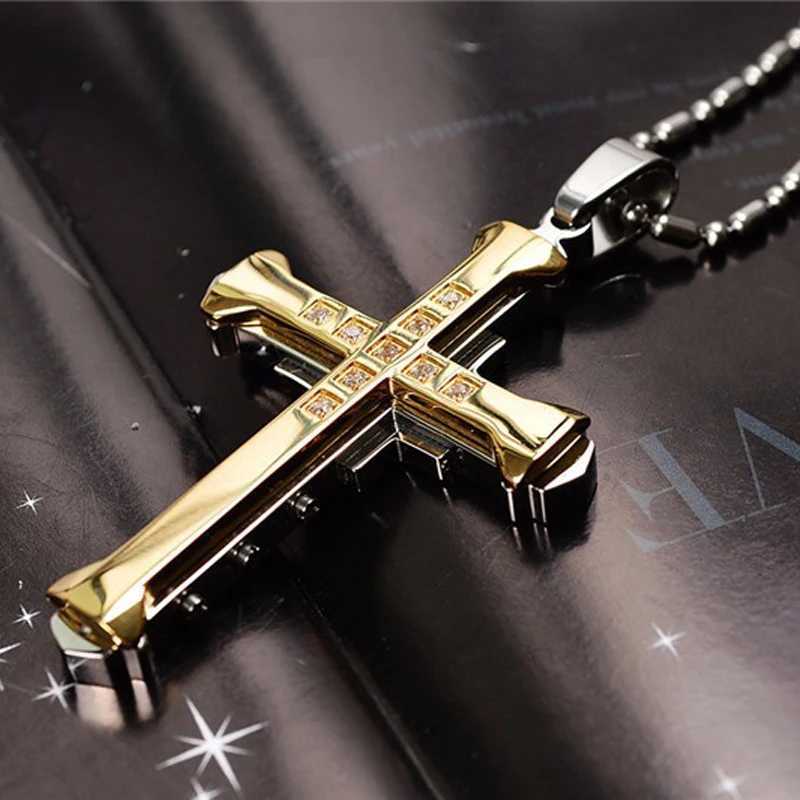 2025 SUMENG New Mens Crystal Cross Jesus Pendant Gold/Black/Blue Color Zirconia Necklace Stainless Steel Jewelry XJ250717