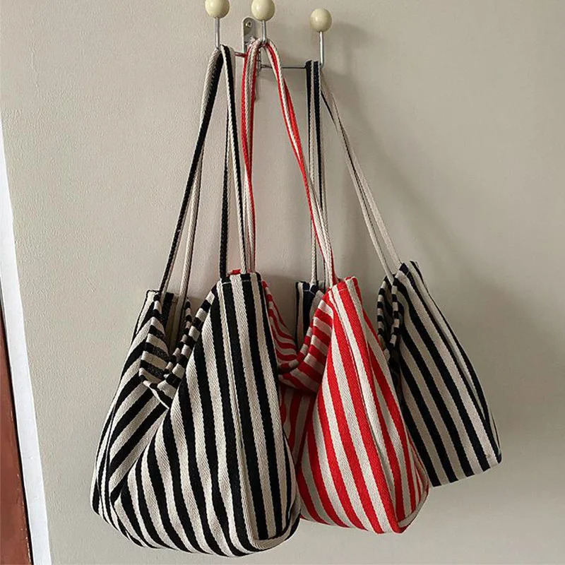 Large Capacity Canvas Women Shopper Tote Simple Striped Shoulder Bag Female Casual Multifunctional Travel Tophandle Handbag 251021