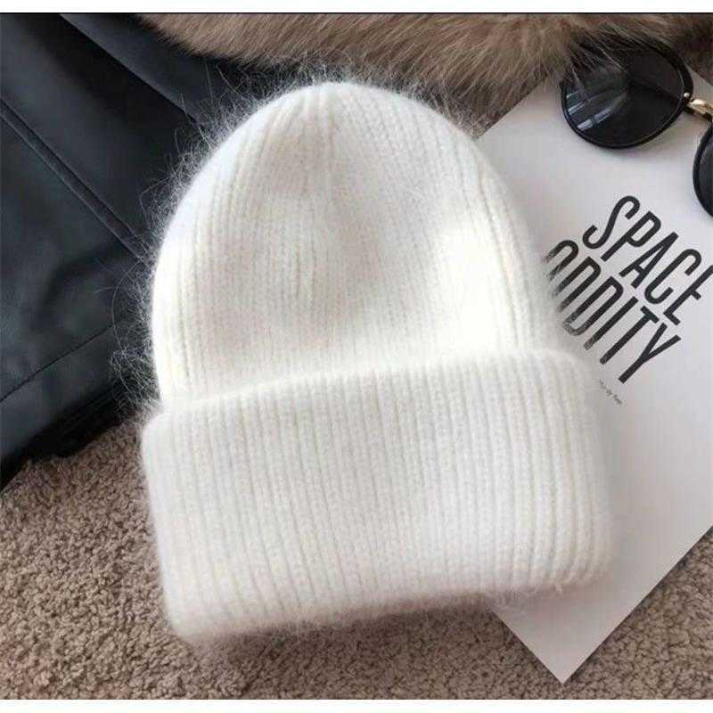 Min Light Luxury Rhinestone Rabbit Fur Double Folded Edge Knitted Hat Winter Cold Warm Wool Ear Protection Hat for Women H251020