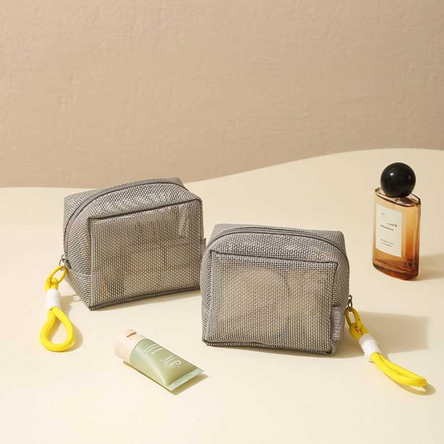 Portable Mesh Cosmetic Bag Grey Large Capacity Zipper Coin Purse with Handle Square Lipstick Key Storage PouchW251021