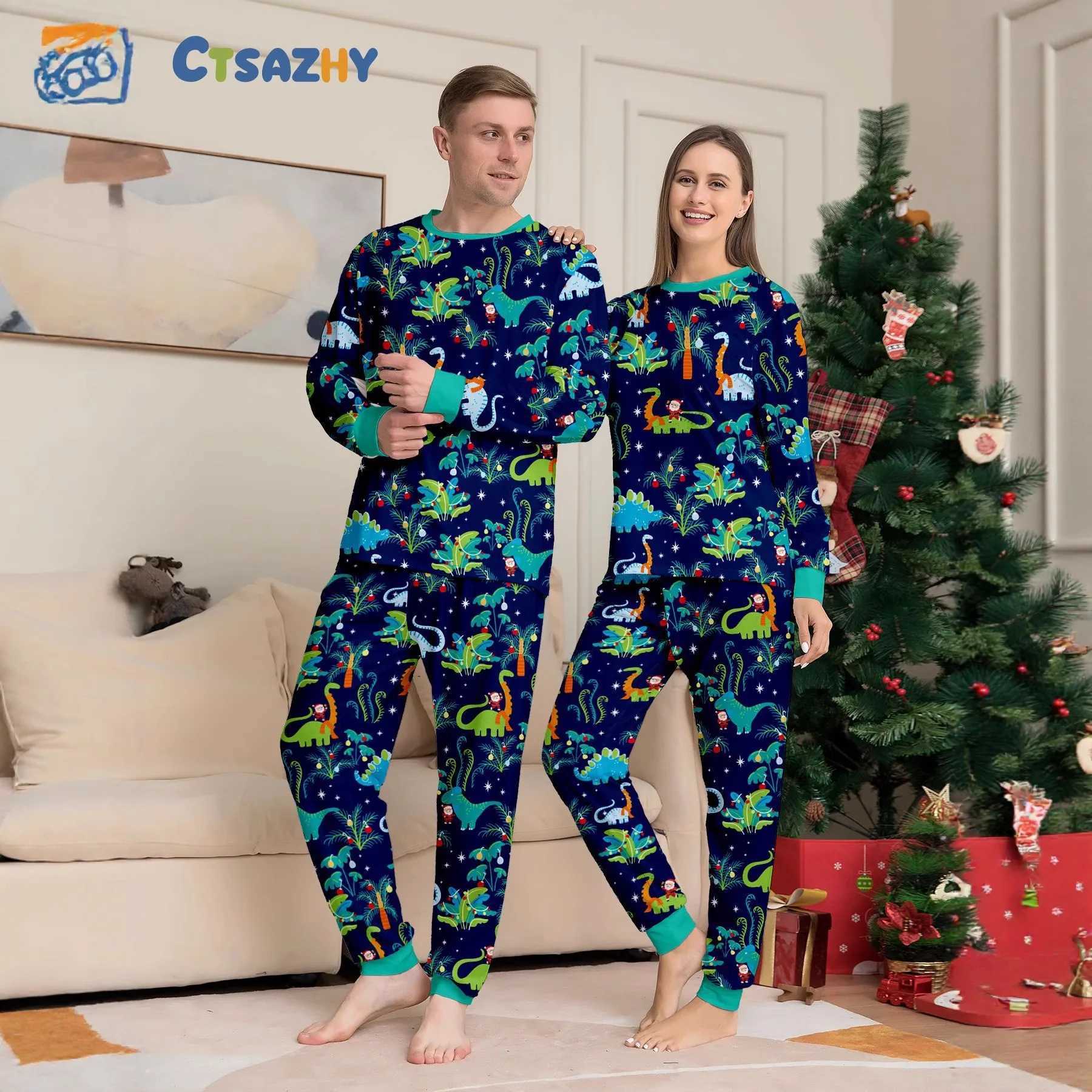 A family of boys girls babies and dogs with printed flowers European dinosaur Christmas parentchild pajamas and home wear L251021C211