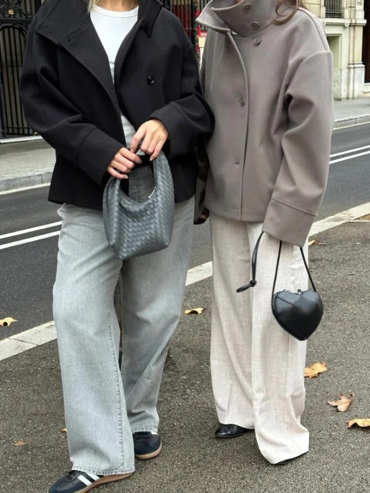 Stand Collar Women Winter Woolen Coat Spring Single Breasted Loose Female Long Sleeve Jacket Office Lady Street Short Coats 251021