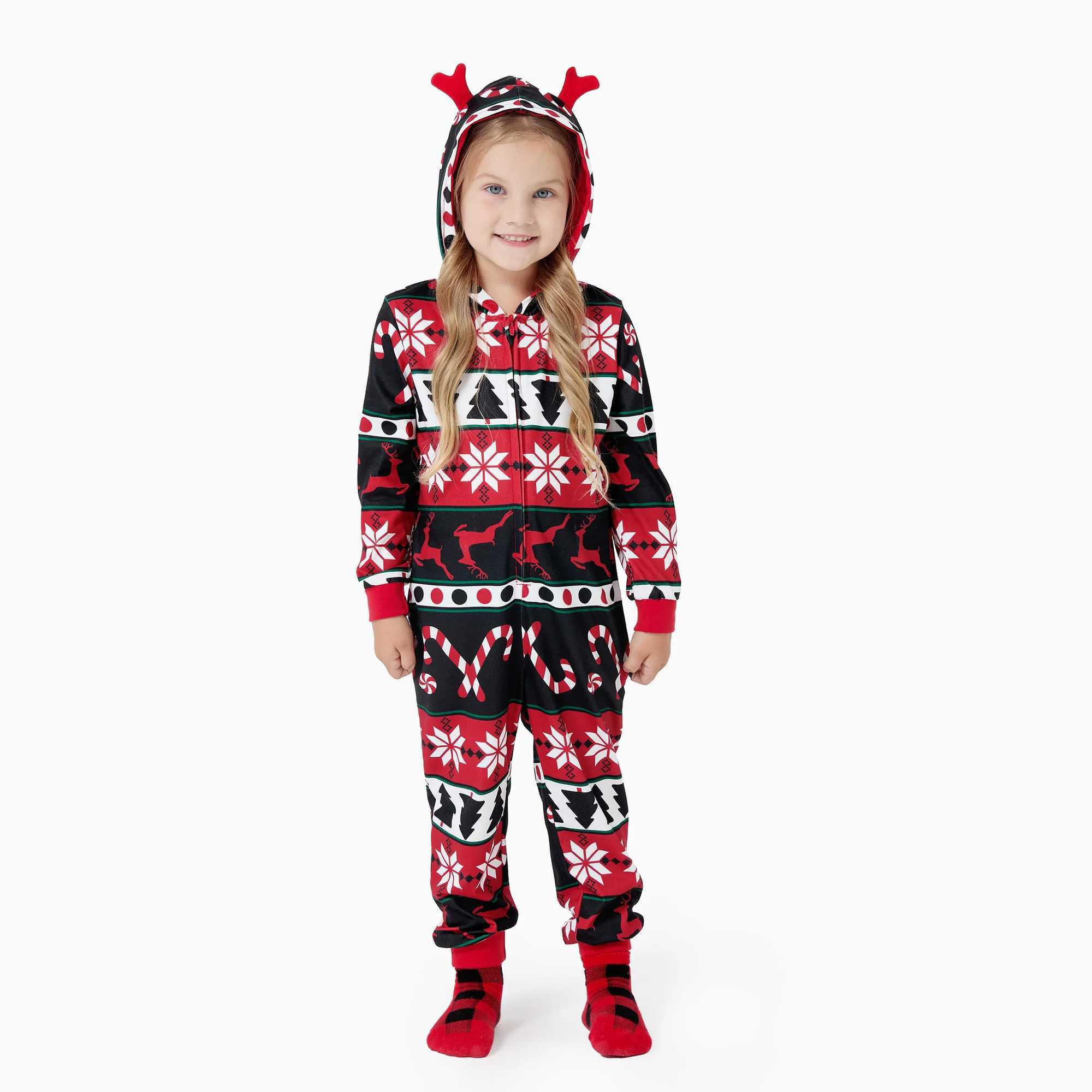Christmas Family Pajamas 3D Reindeer Pattern Zip Up Hooded Onesie Matching Set L251021A496