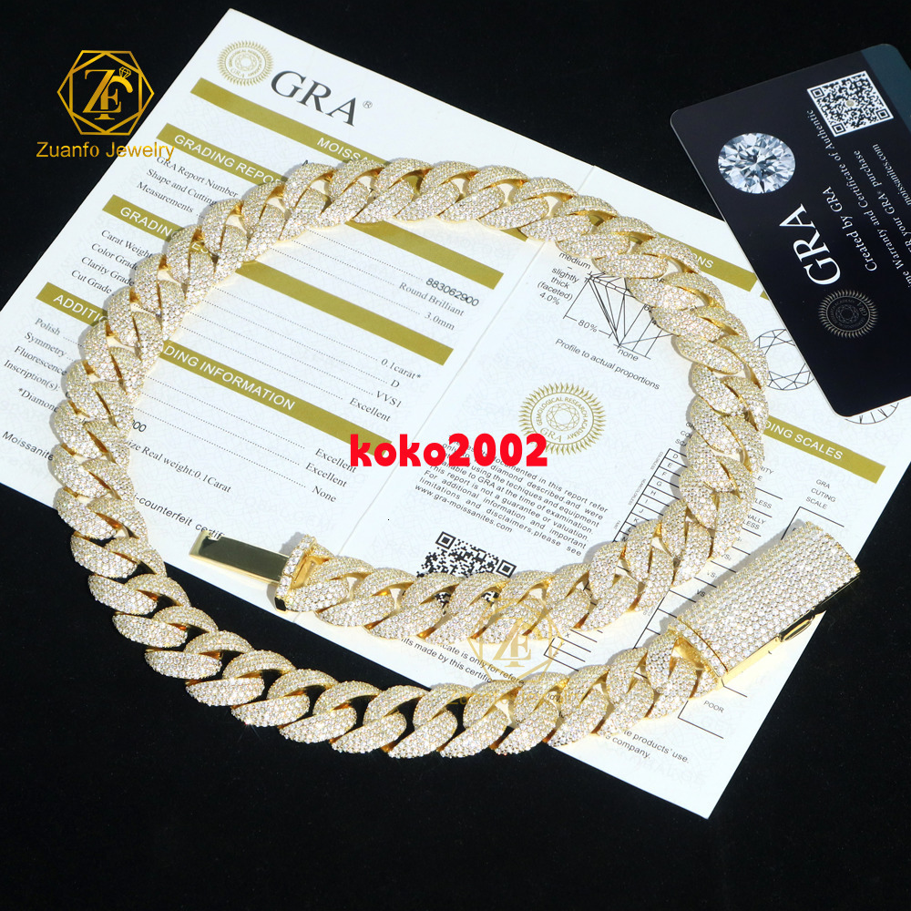 Yellow Gold 615mm Moissanite 4 Rows Cuban Link Necklace Miami 925 Silver Hip Hop Jewelry Moissanite Cuban Chain