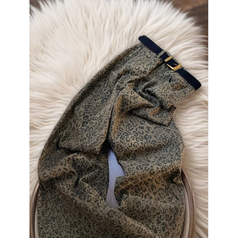 2025 designer autumn new high-end leopard print high waist slim fit jeans women's street style American retro casual pants