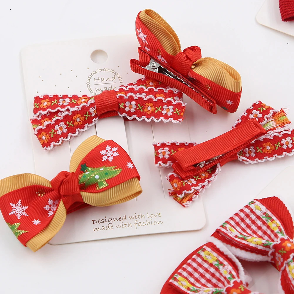 2PcsSet Christmas Baby Girls Hair Clips Ribbon Flower Tree Snowflake Resin Hair Bows Xmas Dance Party Hairpins Hairgrips 251021