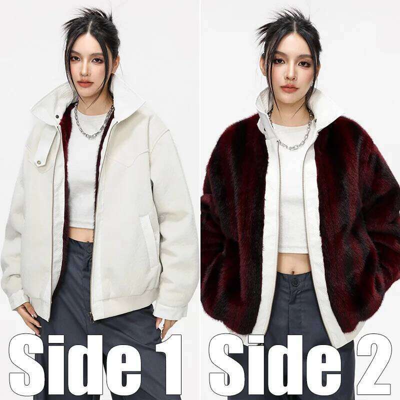 Women's Leather Fashion Two-Sided Autumn Casual Coat Reversible Double-Sided Jacket Faux Fur Plush Lining Warm Outerwear