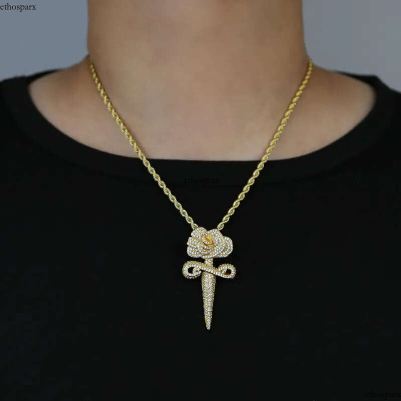 Hip Hop Rose Flower Cross Pendant Necklace 5A Zircon White Gold Plated Religious Jewelry