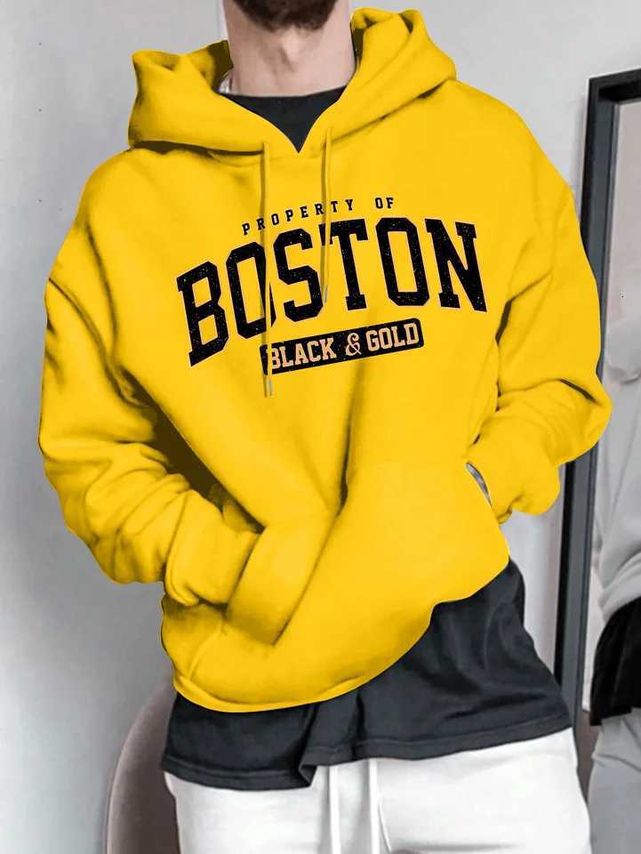 Mens autumn and winter casual fashion loose Boston letter pattern printed long sleeved hooded sweatshirt warm pullover W251021