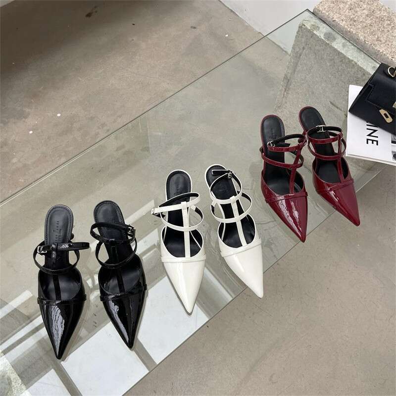 Shiny Leather Versatile One-Strap Pointed High Designer Shoe Heels 2025 Spring New Thin Heel Shallow Mouth Closed Toe Backless Sandals