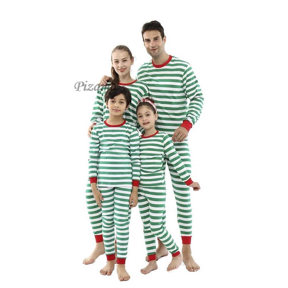 Matching Family Christmas Pajamas Children GreenWhite Striped Sleepwear Xmas New Year 100 Cotton Nightwear Family Look Outfits L2510217YX0