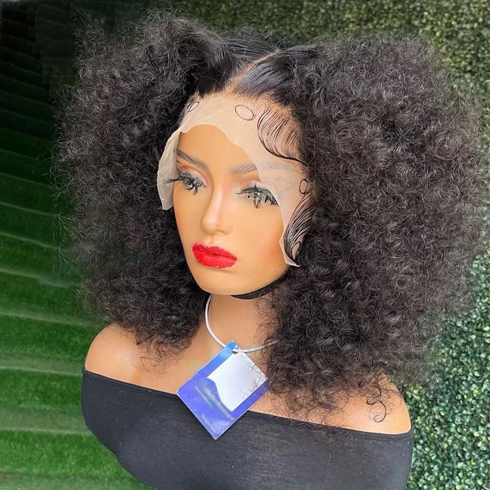 Brazilian Afro kinky curly 180% Density Pre-Plucked Side Part Short Bob Wig Black Color 13x4 Lace Frontal Wigs For Black Woman