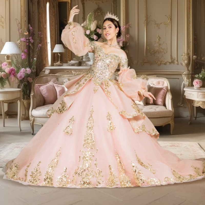 Pink Quinceanera Dresses Ball Gown Off The Shoulder Gold Applique Lace Tull Puff Sleeve Party Birthday Sweet 16 Dress Vestidos De 15 Anos