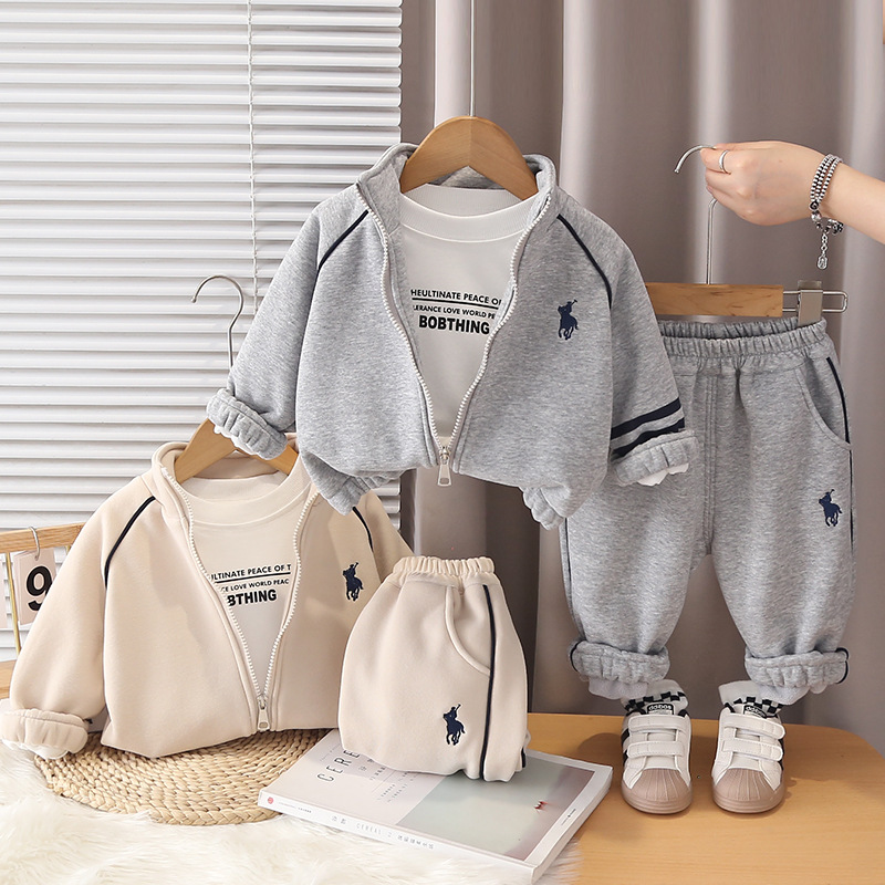 2025 Boys Fleece-Lined 3-Piece Set, Korean Style Winter Outfit for Toddlers, Warm Jacket & Pants Coordinated Ensemble