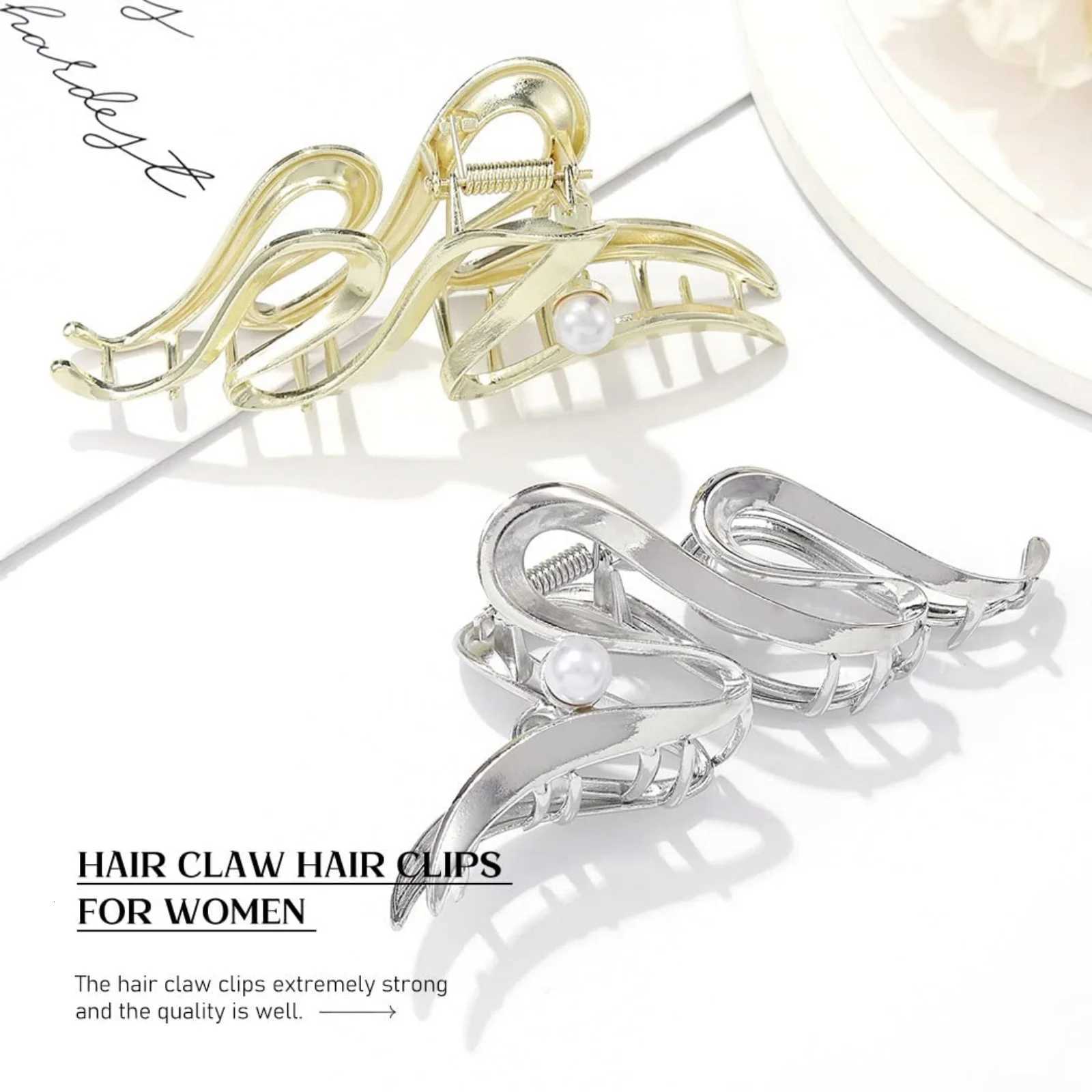 1PC Gold and Silver S Shaped Hair Clamps Pearl Accented Hair Accessories Trendy Clips for Womens Updo HairstylesW254021
