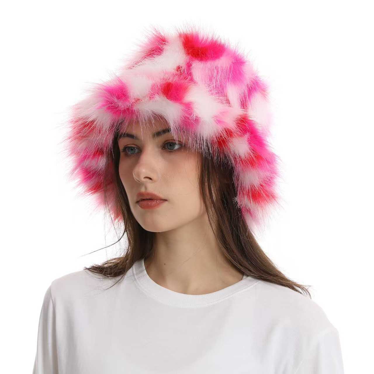 Plush Fisherman Hat for Women Winter Imitation Fox Fur Colorful Fashionable Warm Faux Fur Hat H251020
