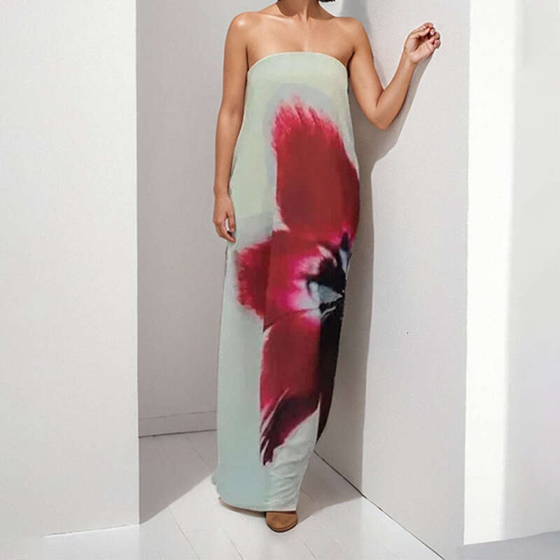Women's Fashion 2025 Autumn New Elegant Temperament Strapless Flared Skirt Sexy Printed Long Dress